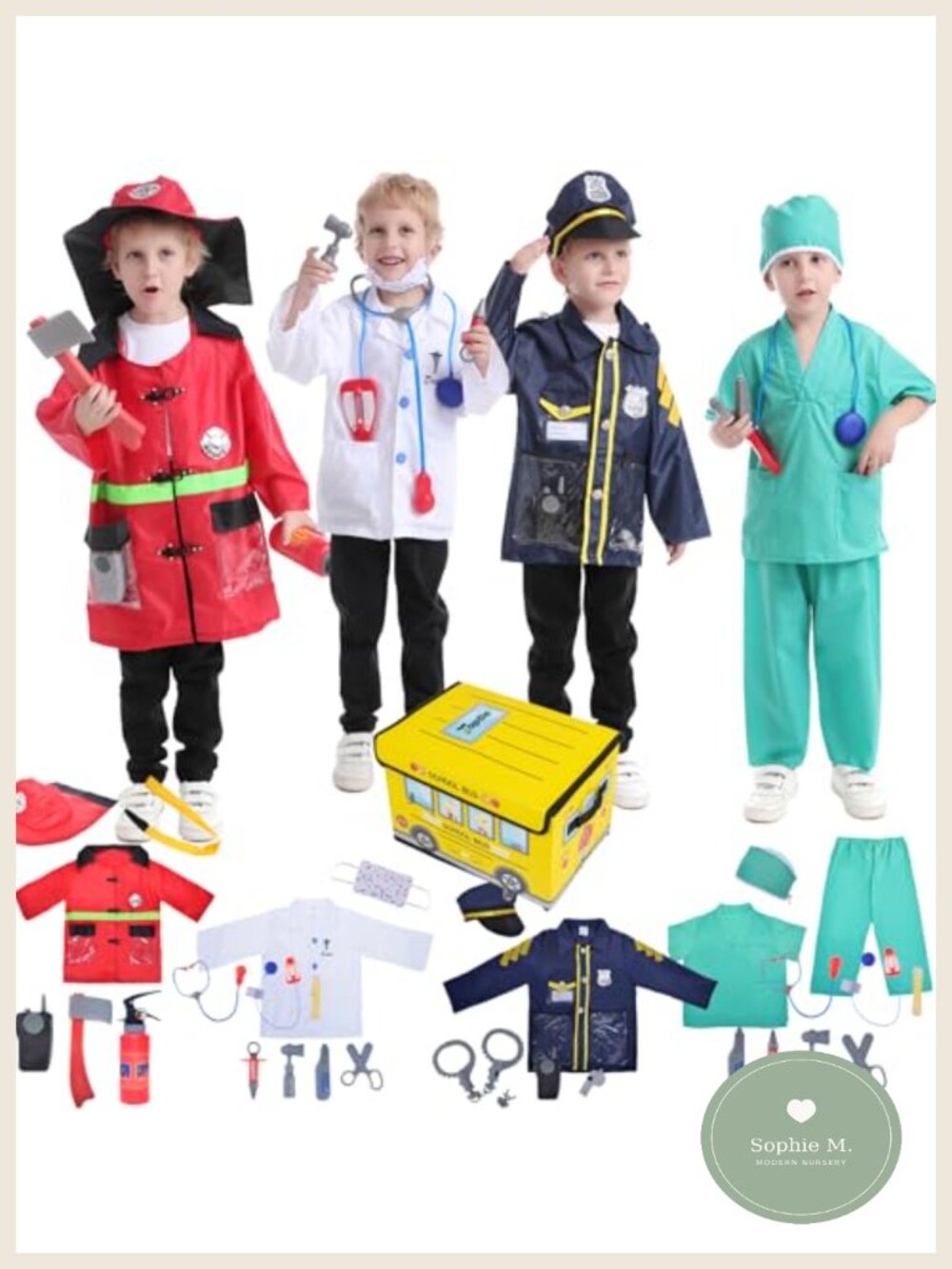 Kids Career Dress Up Costumes Set: Doctor Police Firefighter Surgeon Pretend